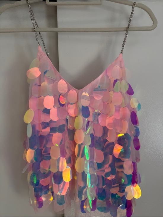 blue b Tops - Iridescent Pink Sequin Tank Top with Chain Straps